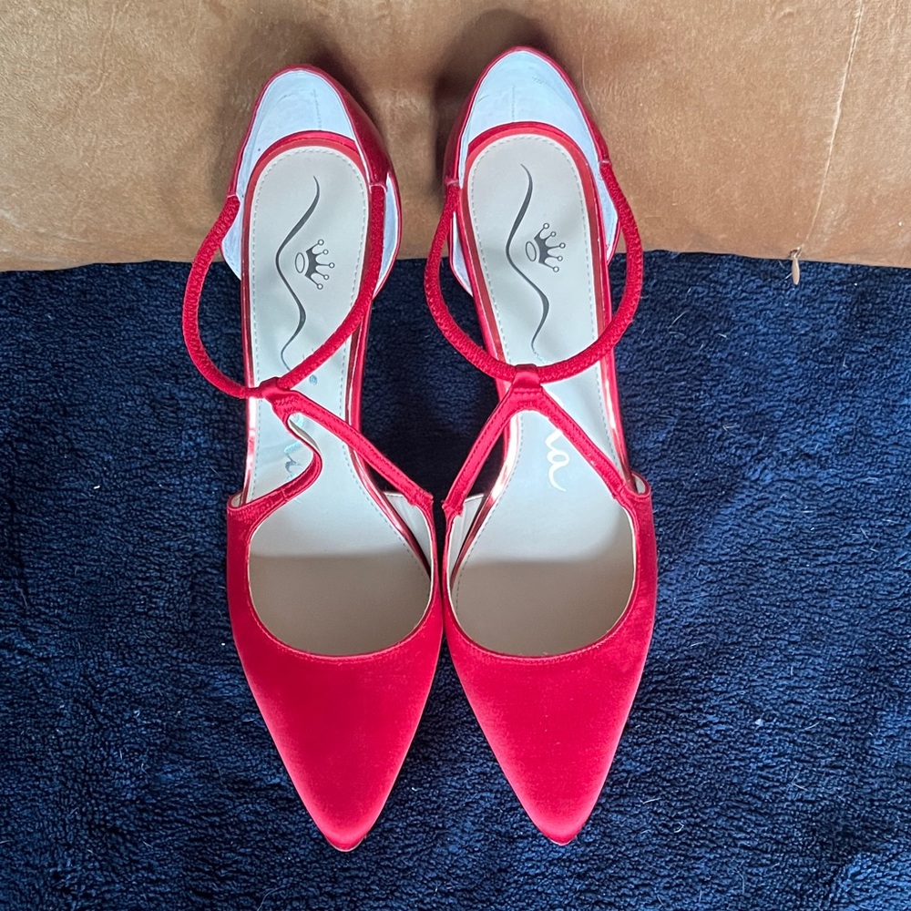 Nina Red Pointed T-Strap Heels